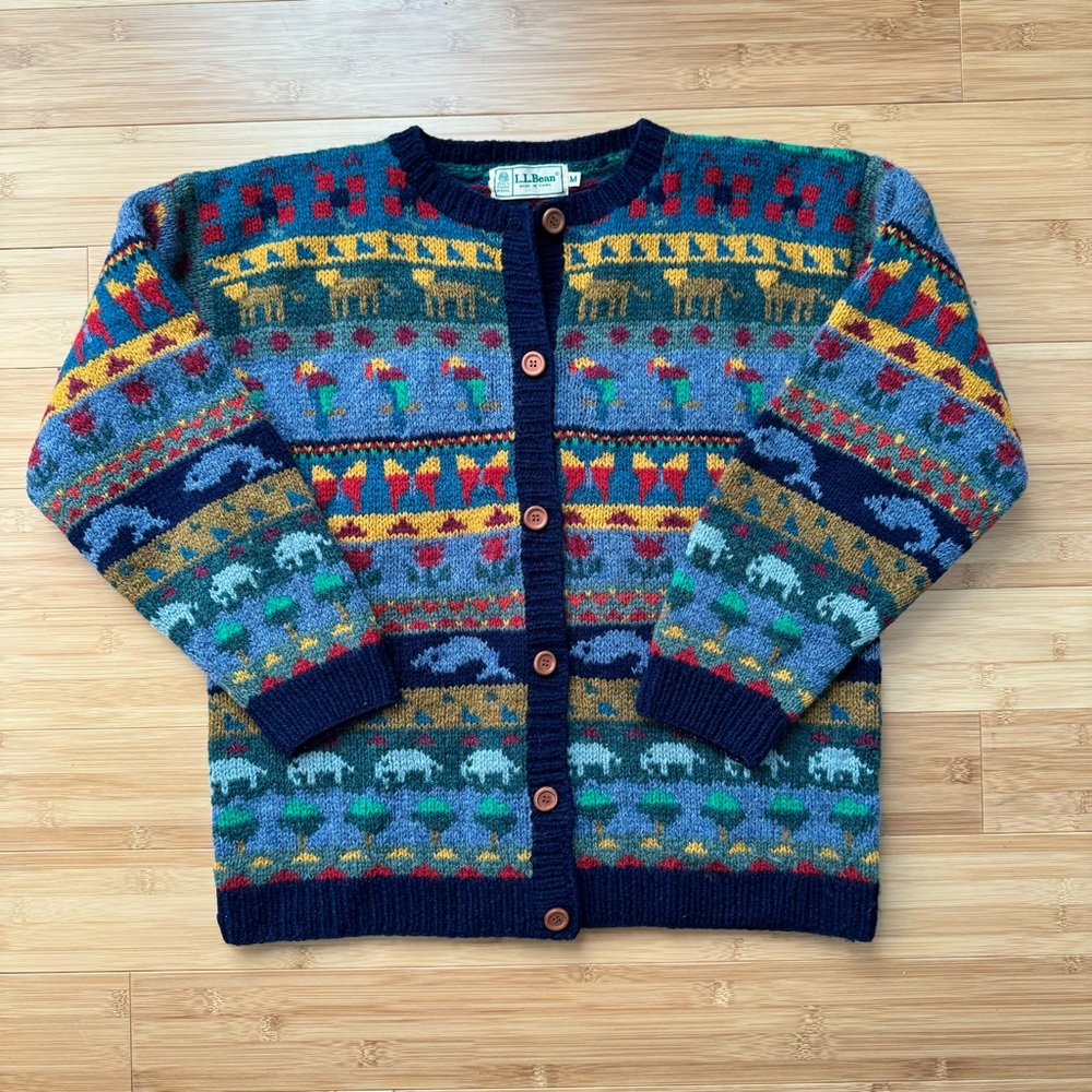 MOVING SALE 🚚 Vintage LLBean Hand Knit Wool Cardigan Sweater Animals
